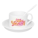 FILIŻANKA CERAMICZNA ZE SPODKIEM I ŁYŻECZKĄ, Z NADRUKIEM 125 ml