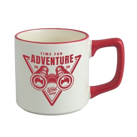 KUBEK KAWOWY CREAM BIAŁY, RÓŻNE KOLORY UCHA, Z NADRUKIEM 330 ml