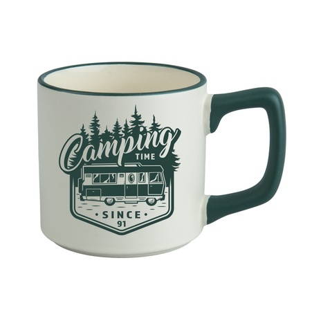 KUBEK KAWOWY CREAM BIAŁY, RÓŻNE KOLORY UCHA, Z NADRUKIEM 330 ml