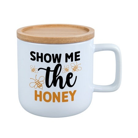 KUBEK KAWOWY Z BAMBUSOWYM WIECZKIEM DORA Z NADRUKIEM 400 ml